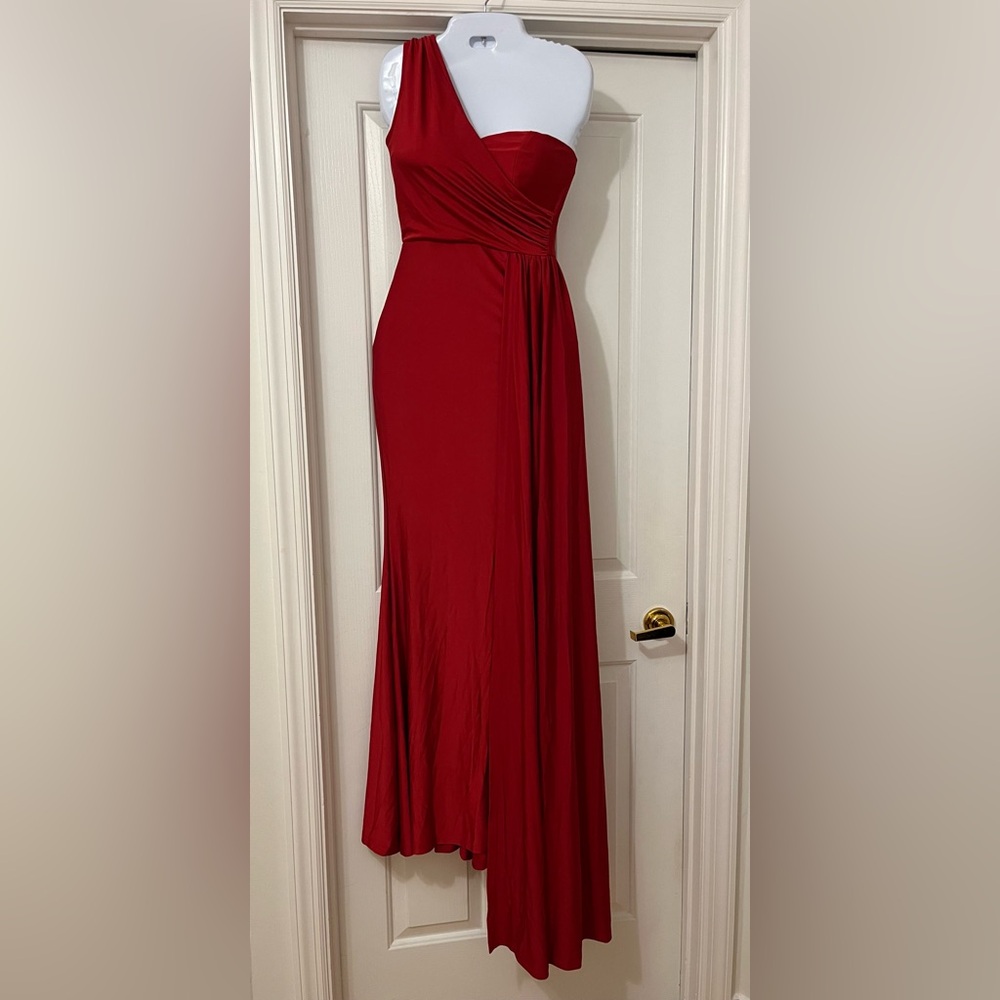 One Shoulder Split Thigh Draped Satin Dress